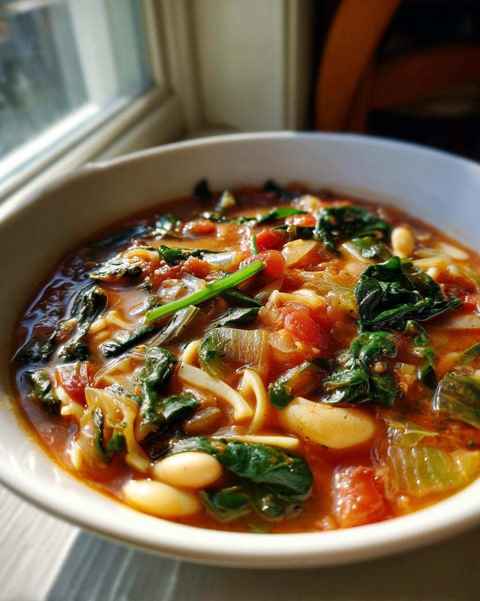 Close-up of a steaming bowl of rich minestrone soup featuring white beans, spinach, and pasta in a tomato broth.