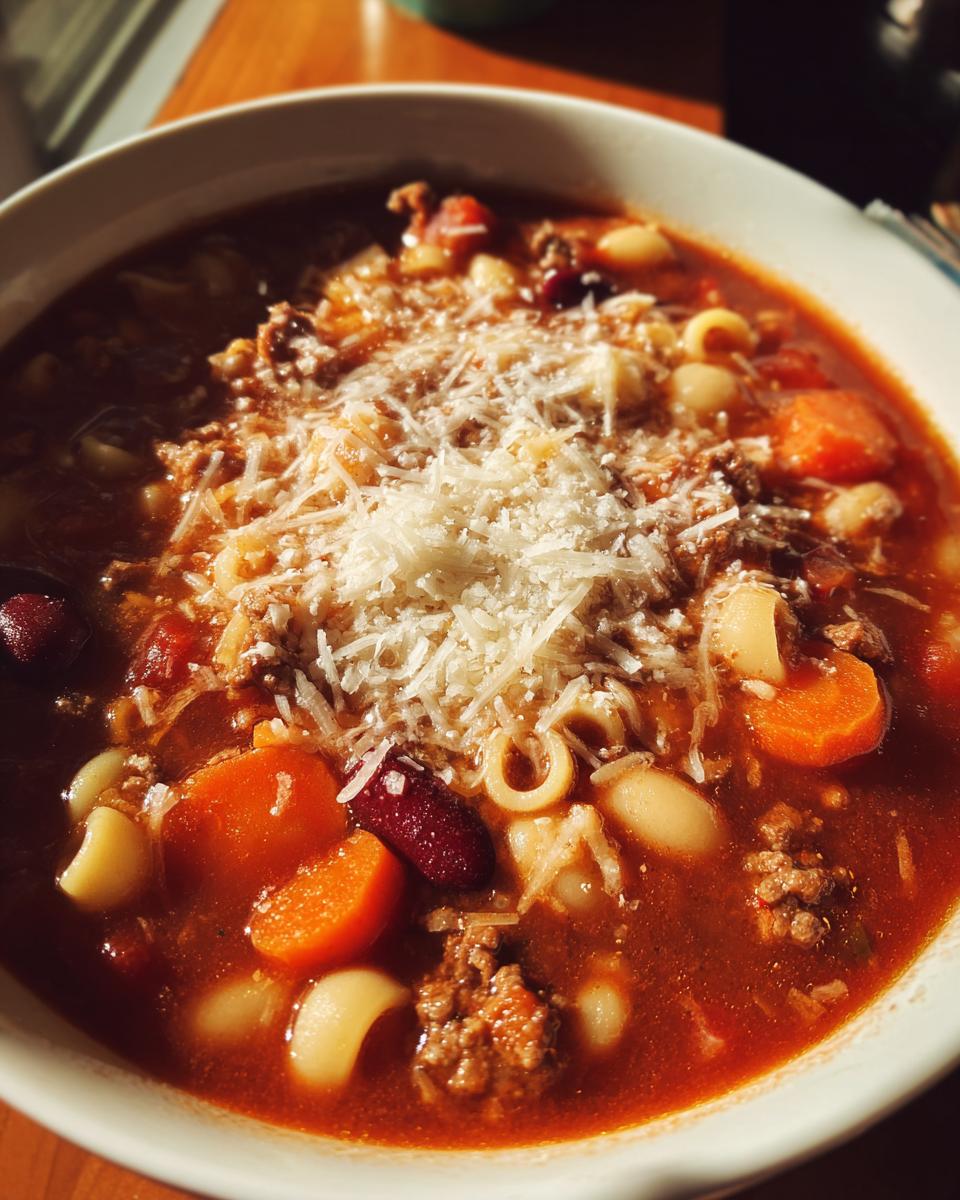Close-up of a rich bowl of pasta e fagioli topped generously with grated Parmesan cheese.