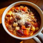Close-up of a rich bowl of pasta e fagioli topped generously with grated Parmesan cheese.