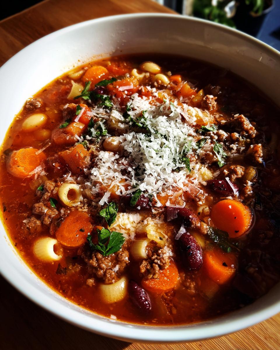 Close-up of a rich bowl of pasta e fagioli topped generously with grated Parmesan cheese and parsley.