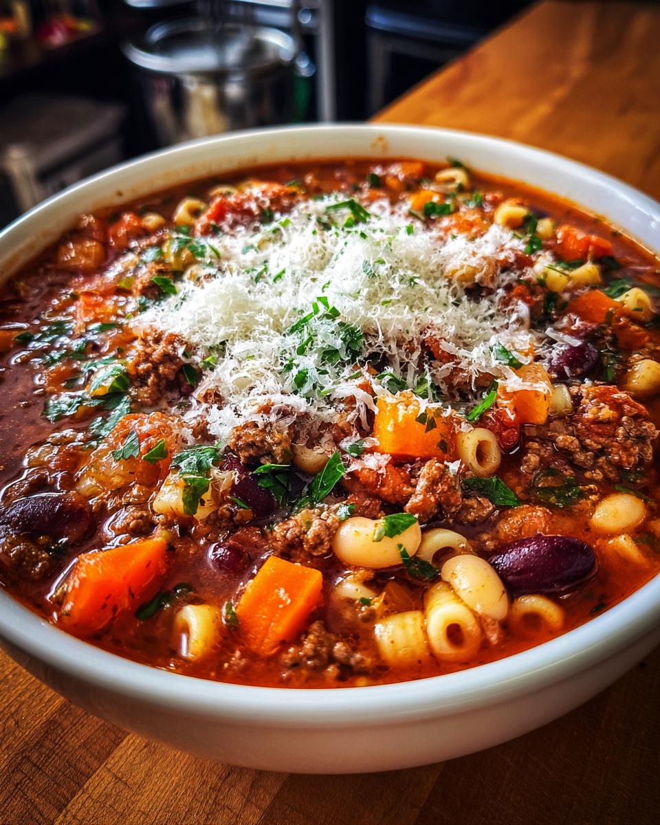 Close-up of a rich bowl of pasta e fagioli topped generously with grated Parmesan cheese and fresh parsley.