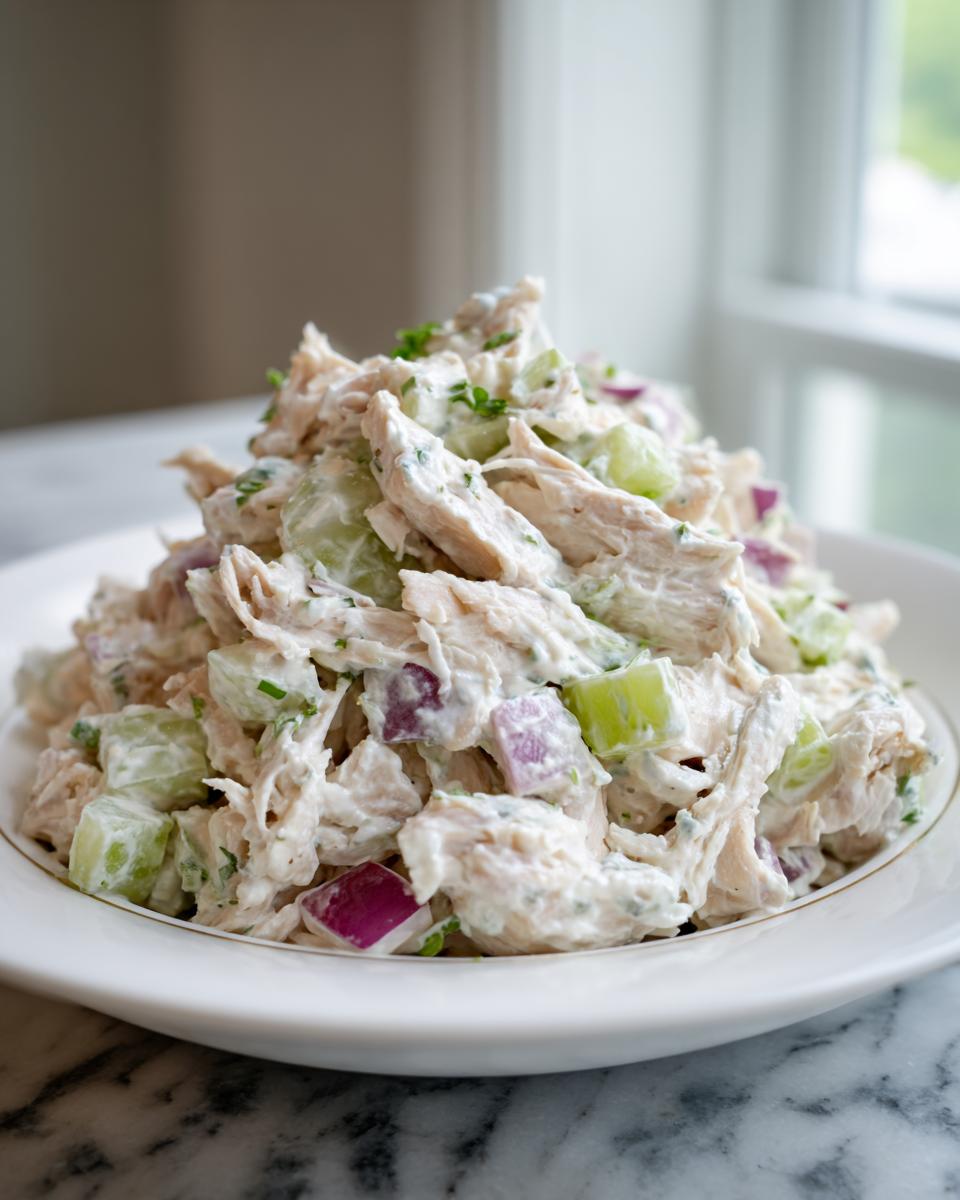 A generous mound of creamy cottage cheese chicken salad featuring shredded chicken, celery, and red onion, served in a white bowl.