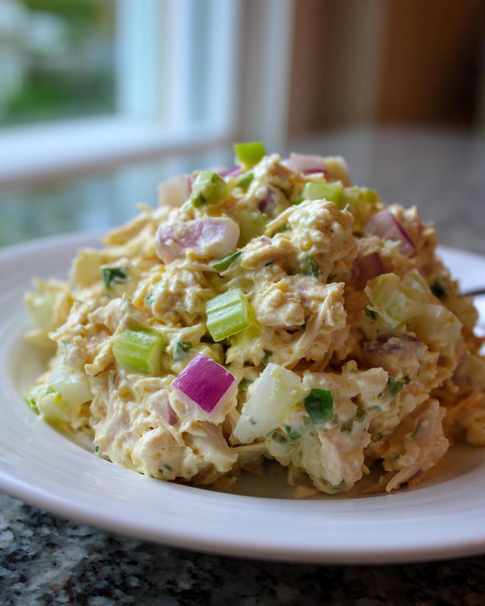 A close-up of a mound of creamy cottage cheese chicken salad mixed with celery and red onion chunks on a white plate.
