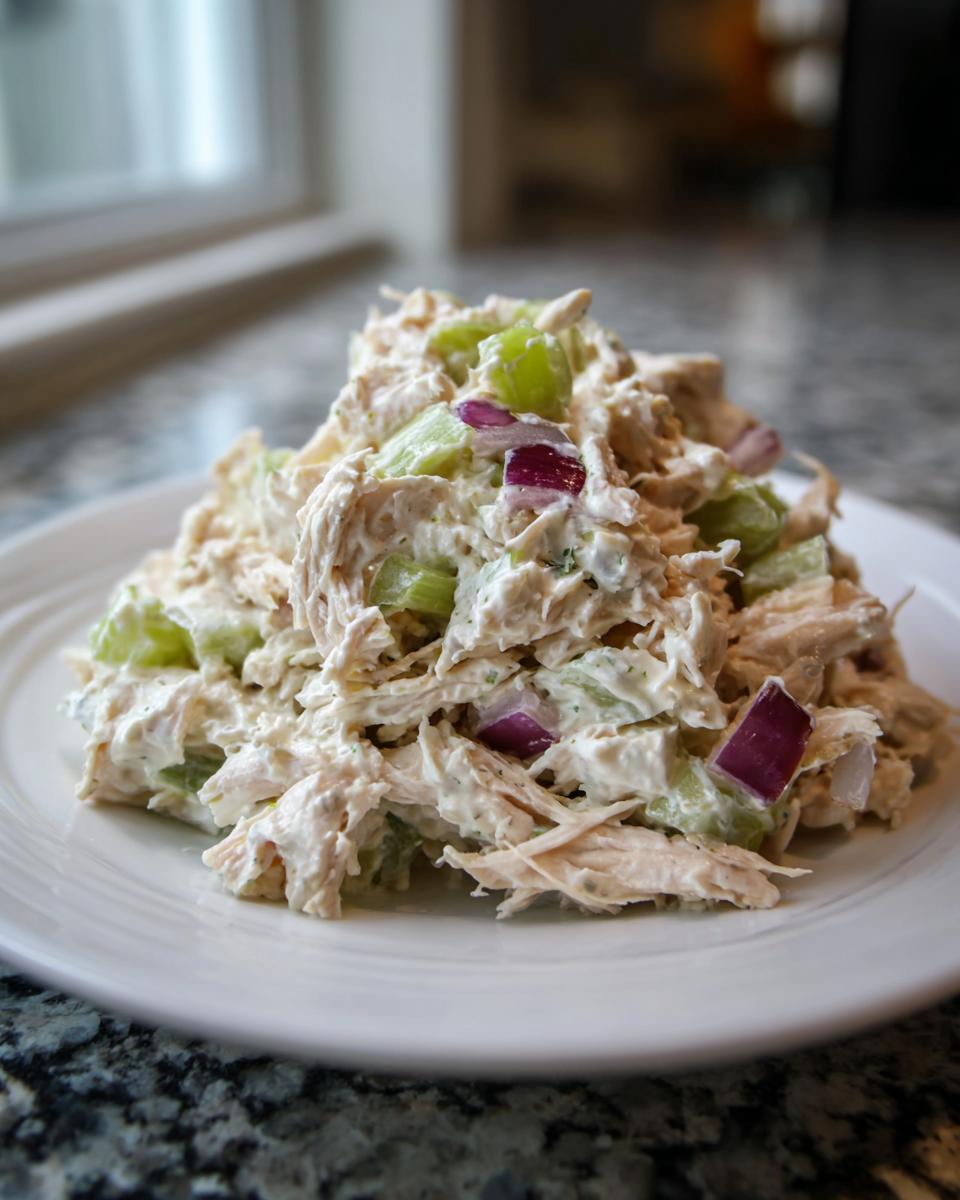 A mound of creamy cottage cheese chicken salad featuring shredded chicken, celery, and red onion on a white plate.