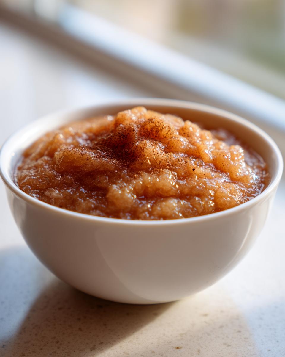 A close-up of chunky, homemade applesauce sprinkled with cinnamon, served in a small white bowl.