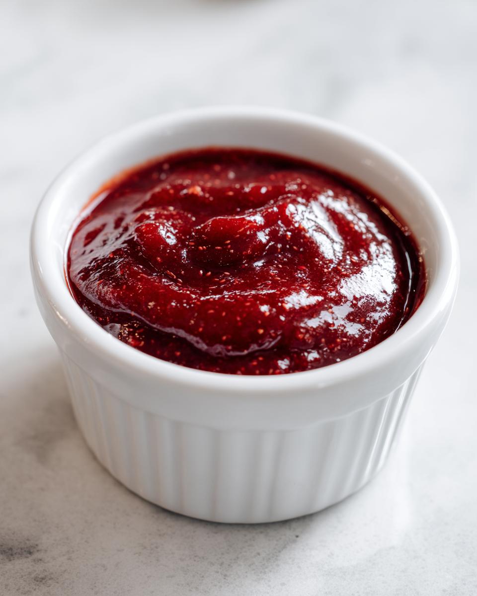 Close-up of thick, dark red homemade bbq sauce served in a small white fluted ramekin.