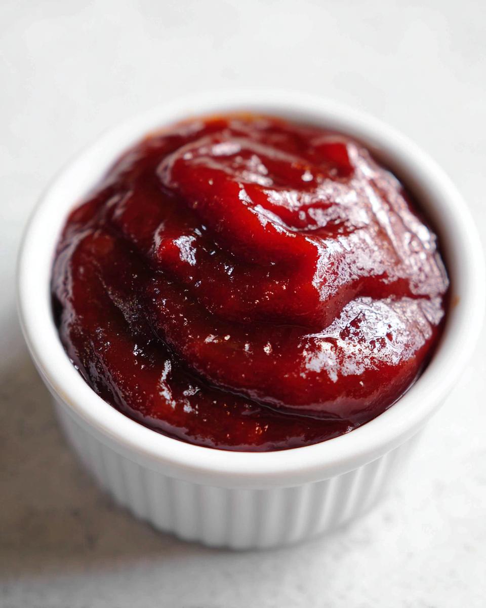 Close-up of thick, glossy, dark red homemade bbq sauce swirled in a small white ramekin.