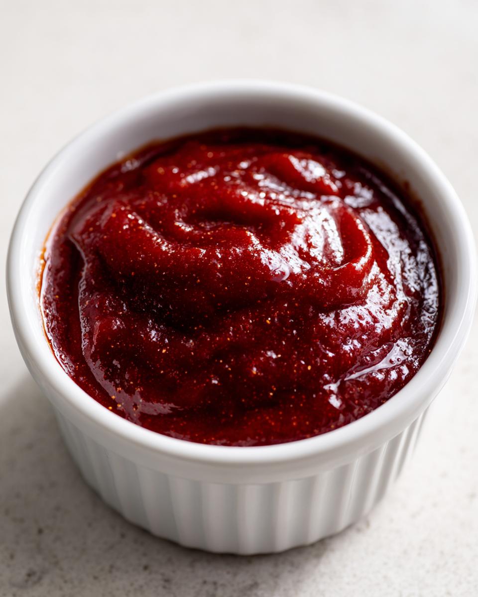 Close-up of thick, dark red homemade bbq sauce served in a small white fluted ramekin.