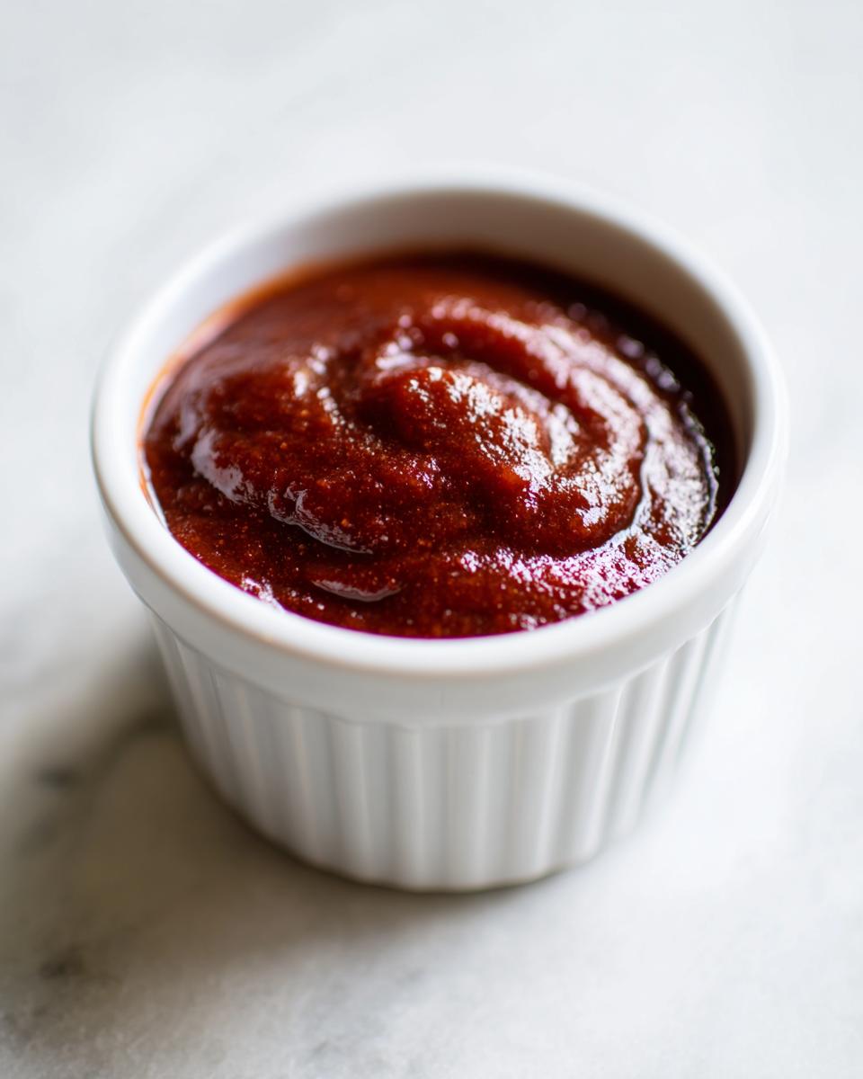 Close-up of thick, dark red homemade bbq sauce served in a small white fluted ramekin on a marble surface.
