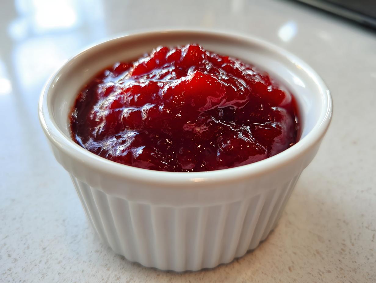 Close-up of thick, dark red homemade bbq sauce served in a small white fluted ramekin.