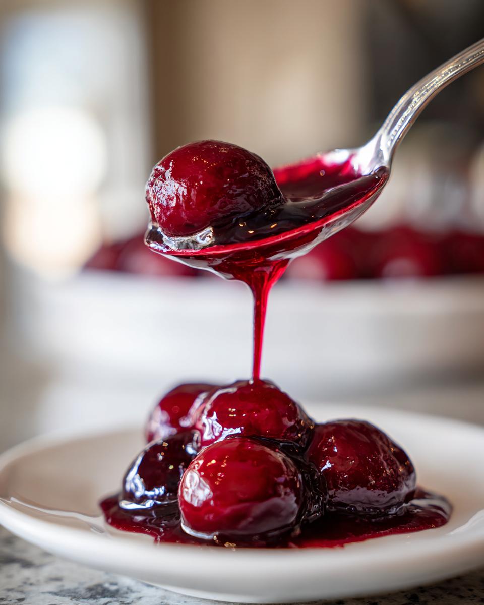 A spoonful of thick, glossy cherry pie filling dripping onto whole cherries on a white plate.