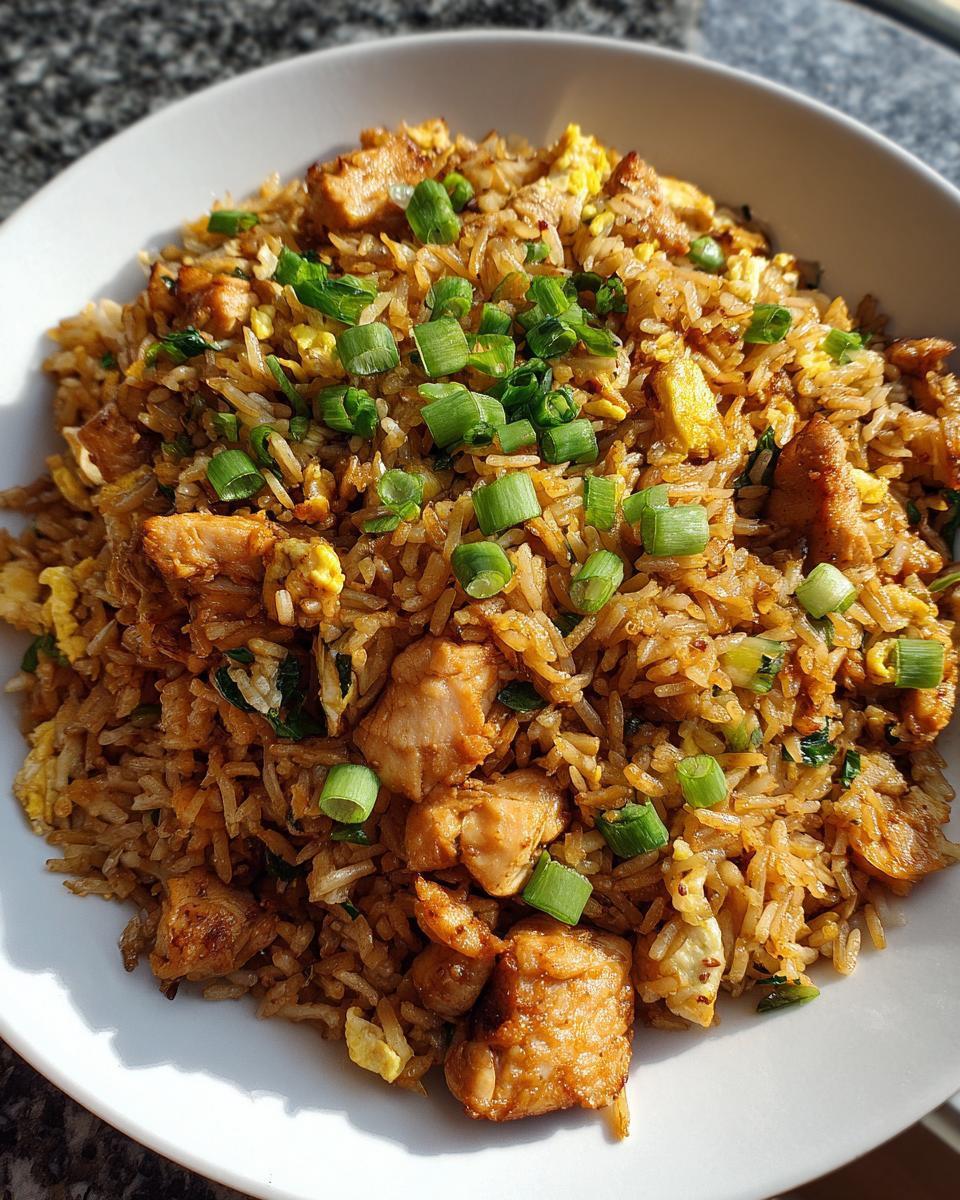 A close-up of a white bowl filled with savory chicken fried rice, topped with fresh green onions.