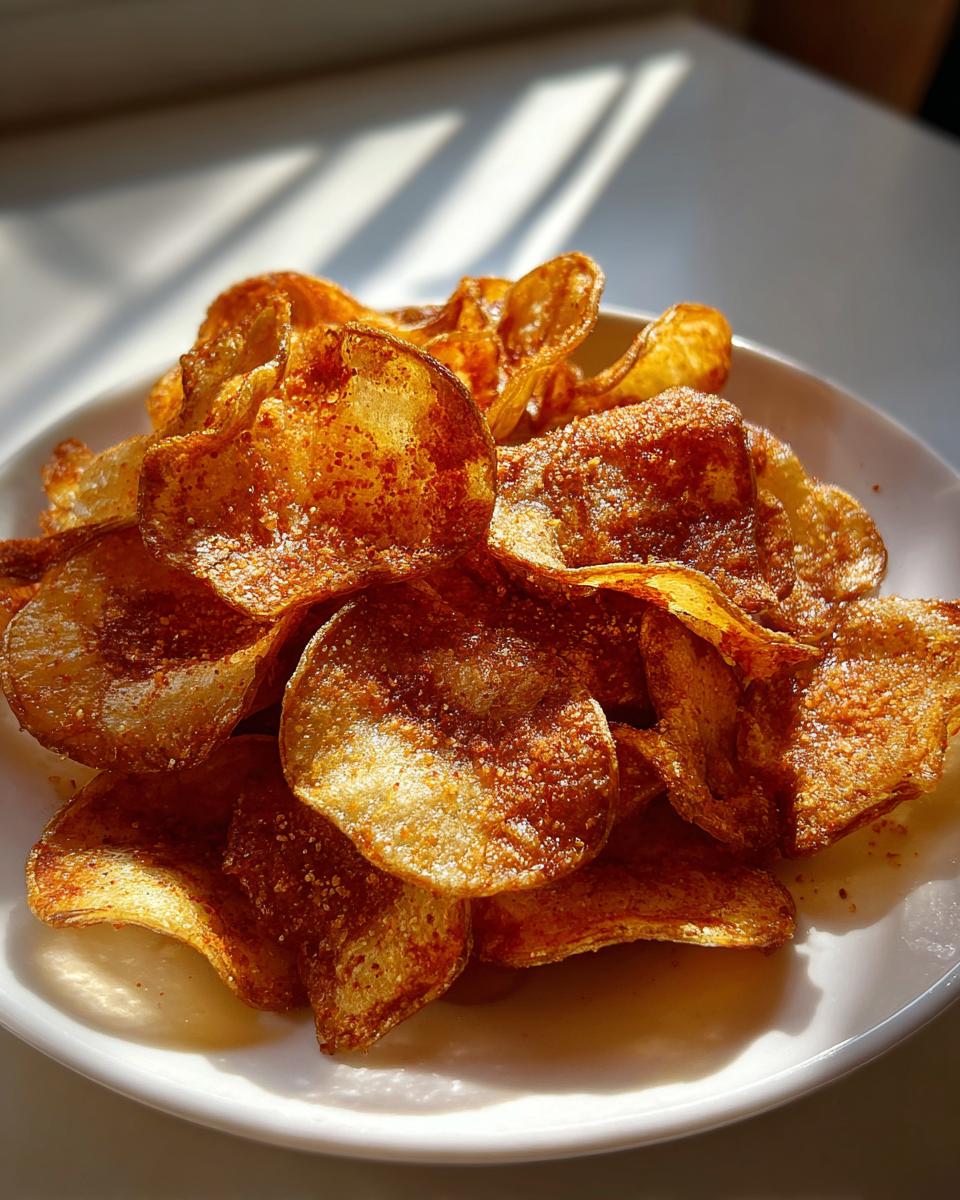 A close-up of a white plate piled high with crispy, golden-brown homemade potato chips seasoned with spices.