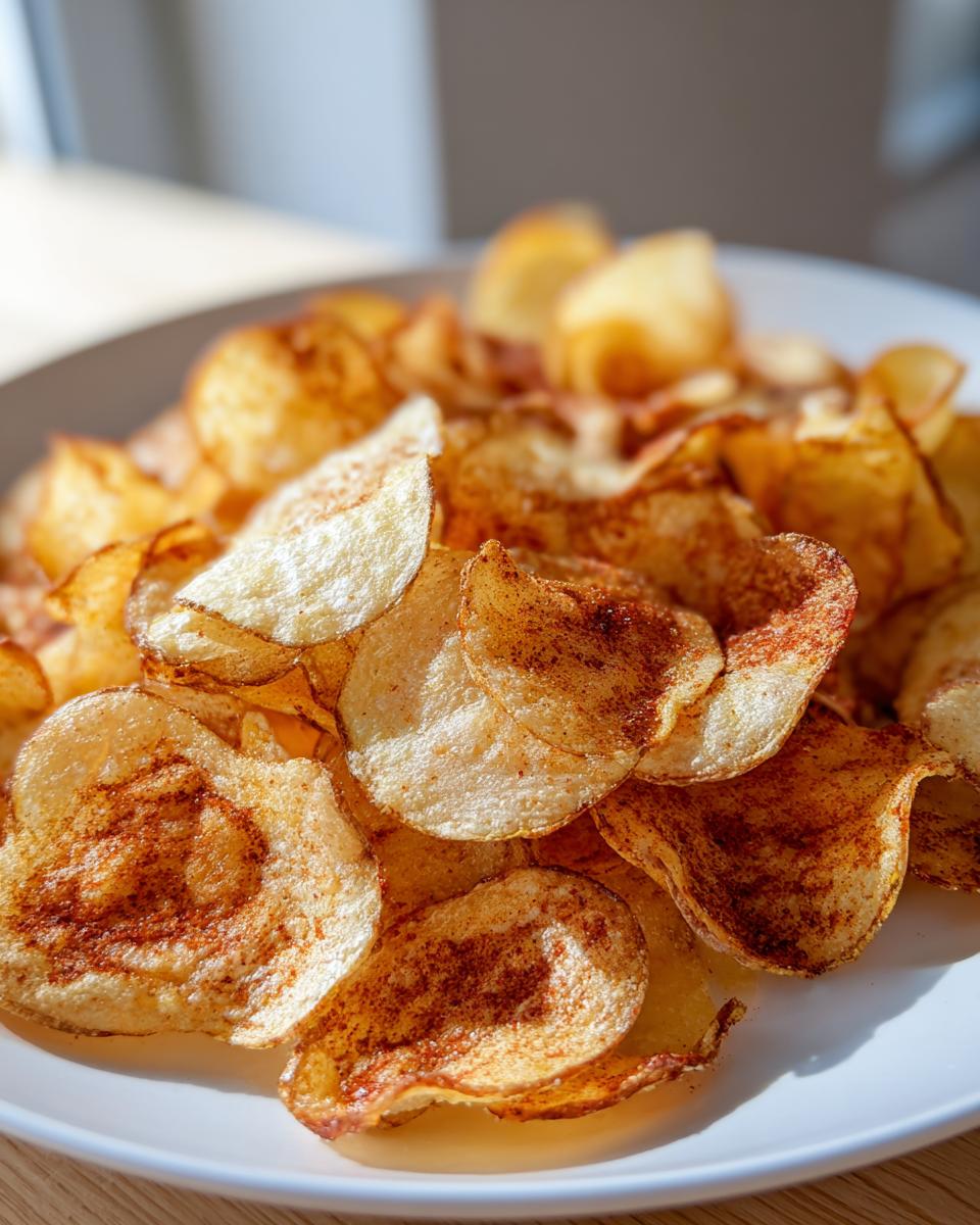 Close-up of a pile of golden, crispy homemade potato chips seasoned with paprika, served on a white plate.