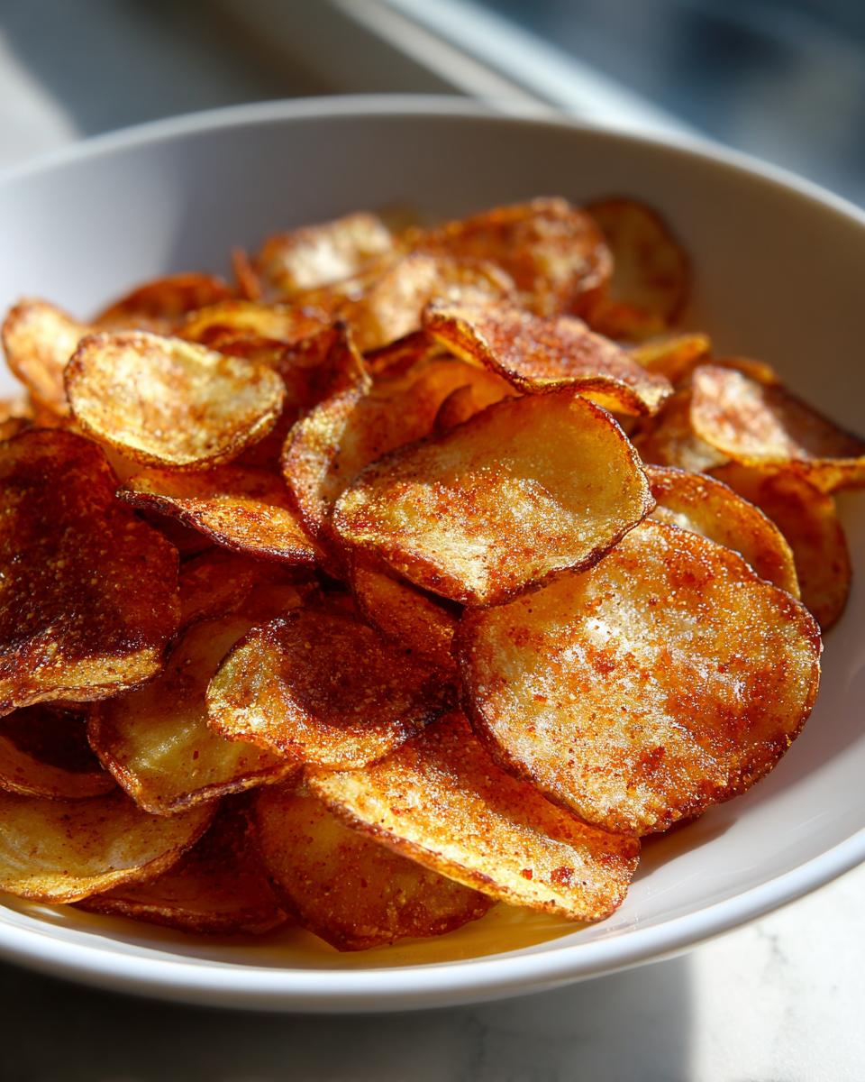 Close-up of crispy, seasoned homemade potato chips piled high in a white bowl, showing golden brown edges.