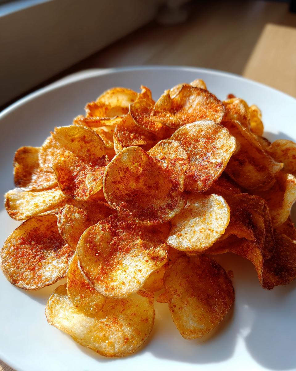 A close-up of a pile of crispy, homemade potato chips seasoned with paprika or chili powder on a white plate.