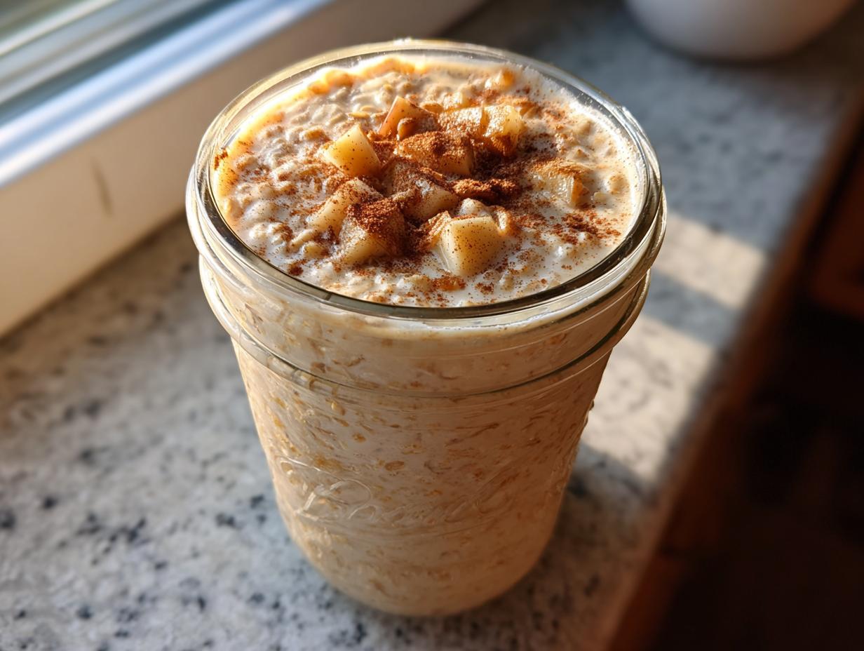 Close-up of apple cinnamon overnight oats in a glass jar, topped with diced apples and cinnamon.
