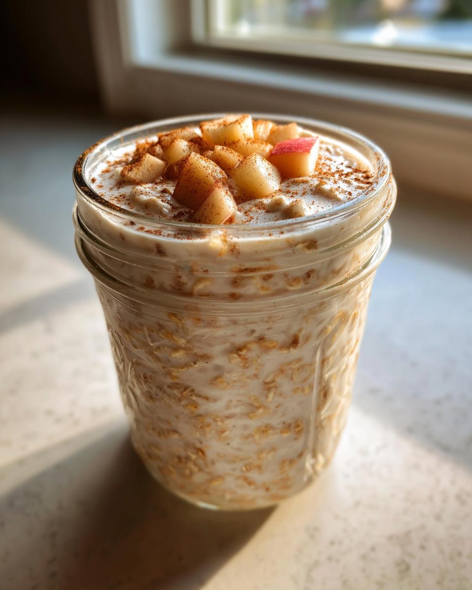 Close-up of apple cinnamon overnight oats in a glass jar topped with diced apples and cinnamon.