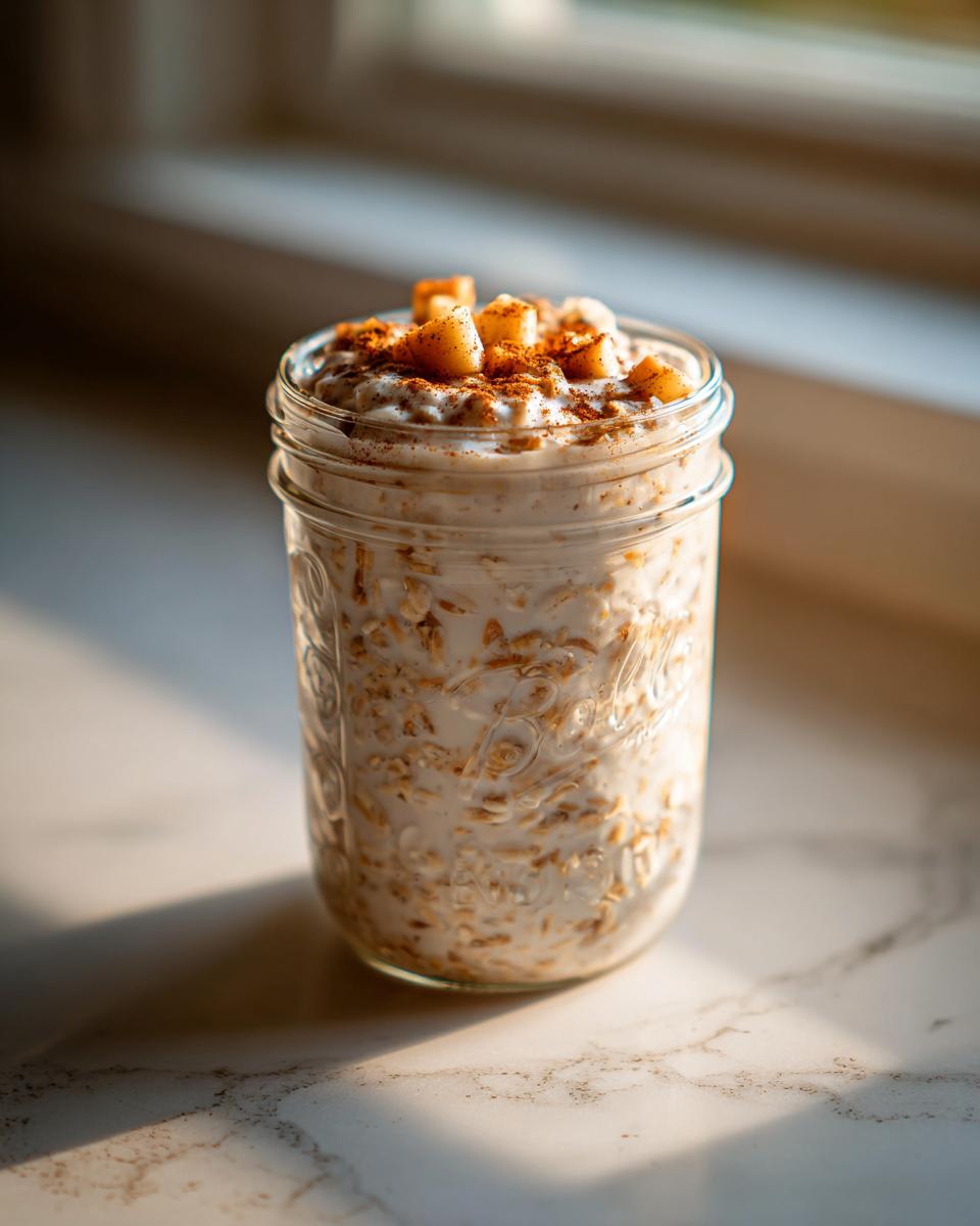 A mason jar filled with creamy apple cinnamon overnight oats, topped with diced apples and cinnamon.