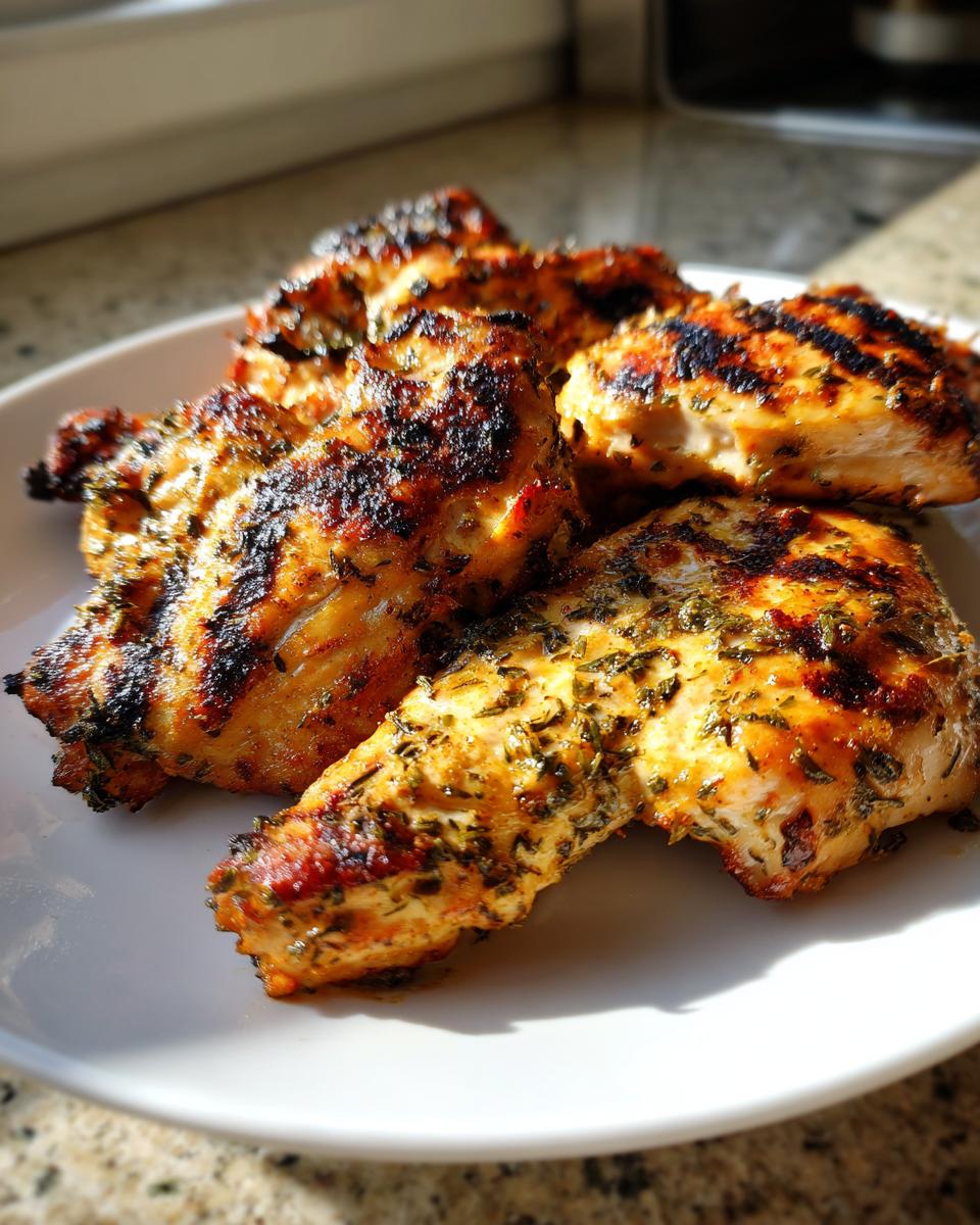 Close-up of several pieces of juicy greek chicken, grilled with visible char marks and herbs.