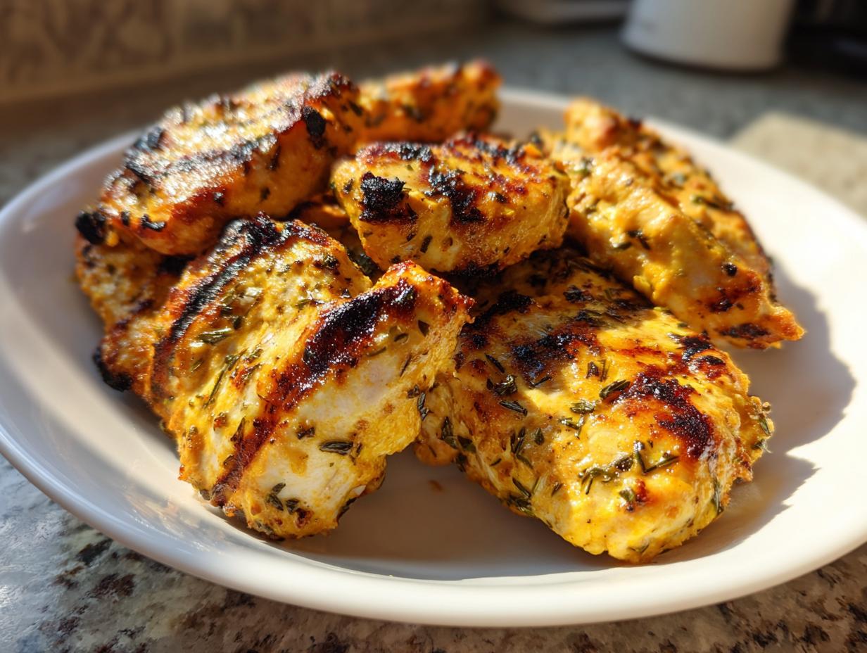 Close-up of perfectly grilled, golden greek chicken pieces seasoned with herbs, showing distinct char marks.