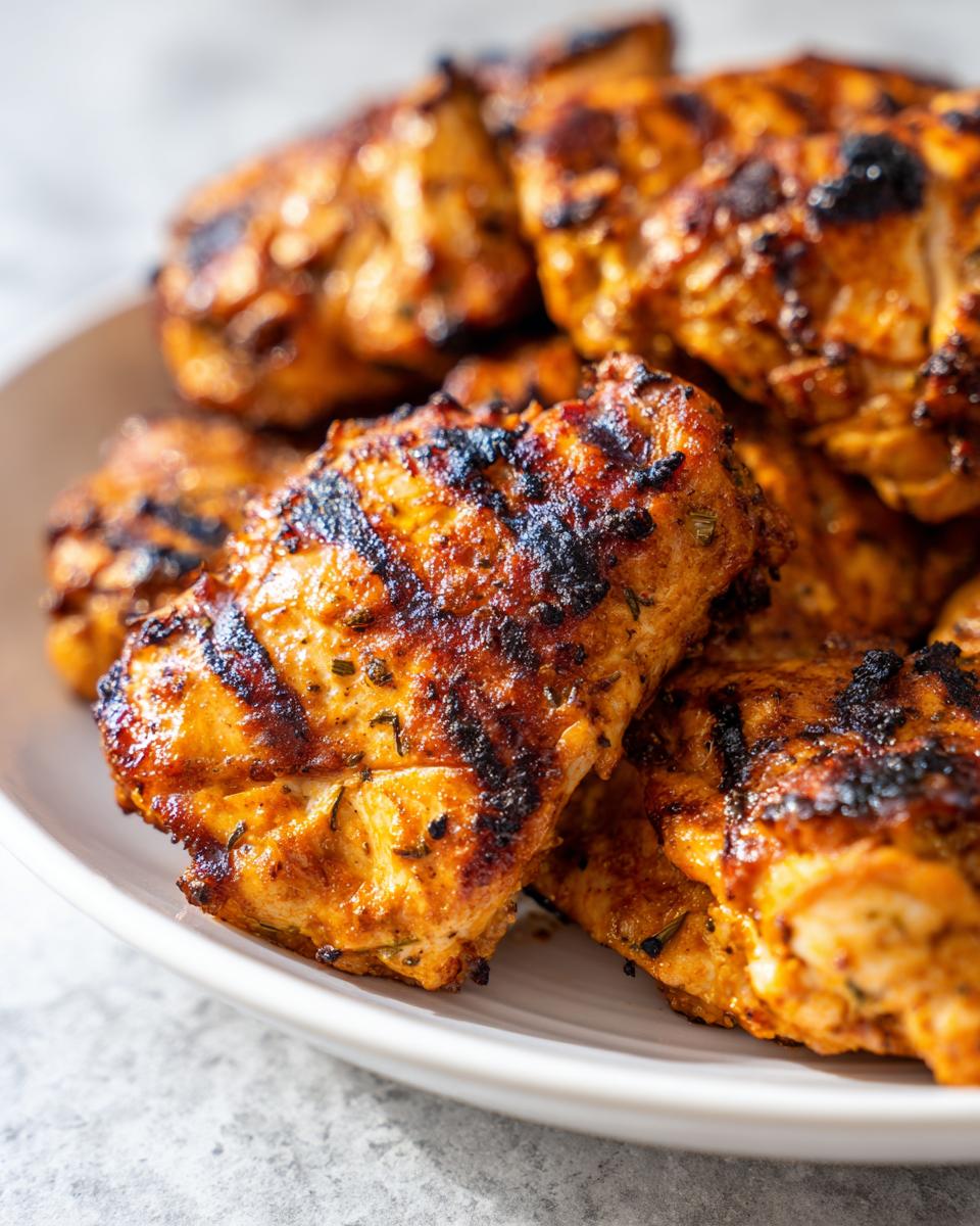 Close-up of several pieces of juicy greek chicken, beautifully charred from grilling, served on a white plate.