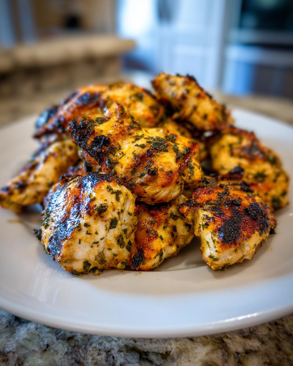 A pile of perfectly grilled, seasoned greek chicken pieces with visible char marks and herbs on a white plate.