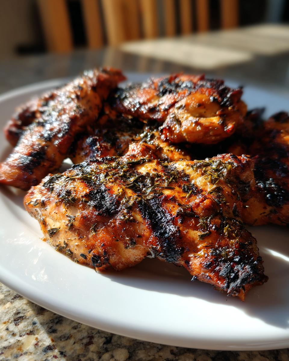 Close-up of perfectly grilled, charred, and herbed greek chicken pieces served on a white plate.