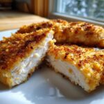Close-up of perfectly cooked parmesan crusted chicken, showing the white, juicy interior and golden-brown crust.