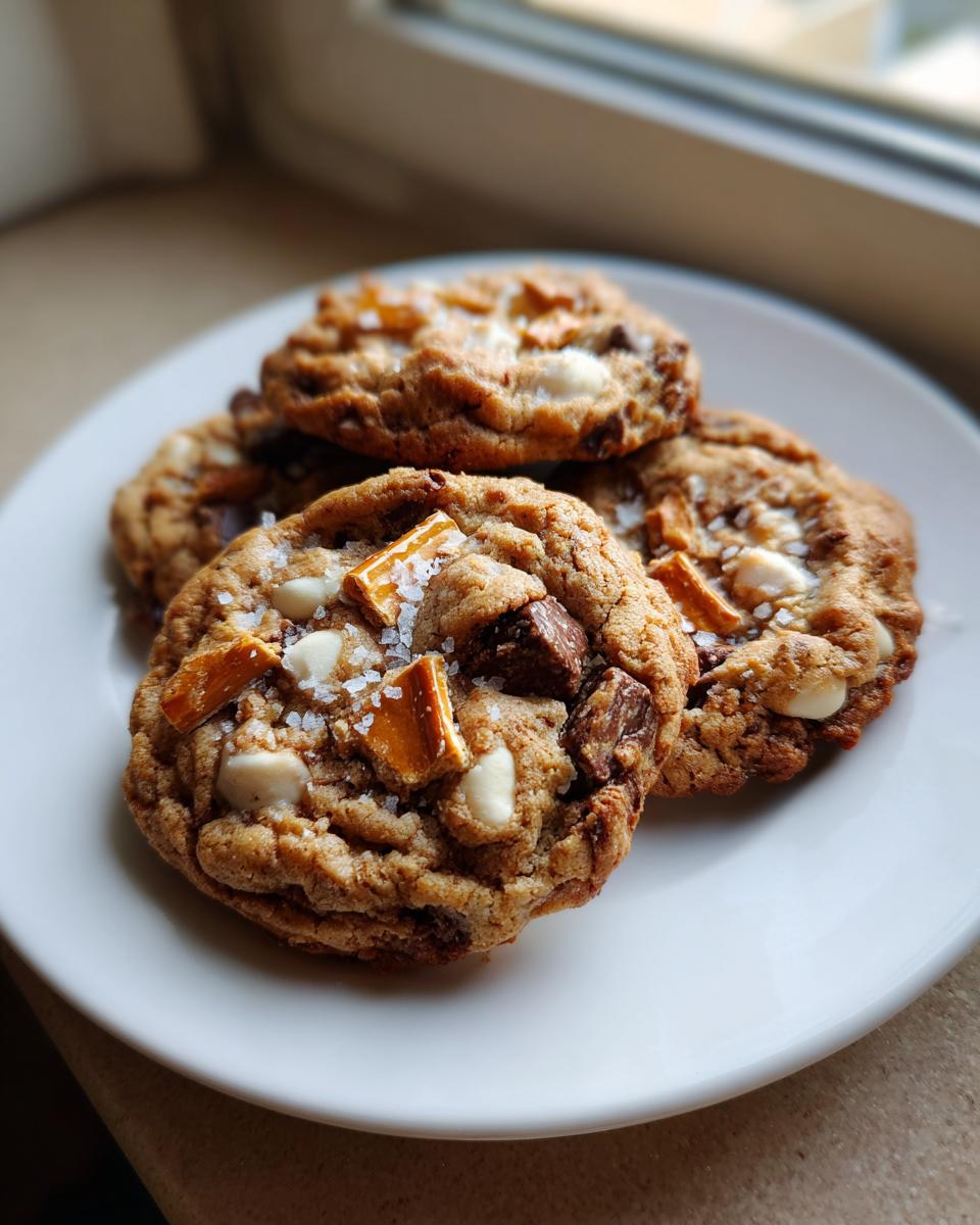 Four freshly baked kitchen sink cookies topped with sea salt, white chocolate, and caramel pieces on a white plate.