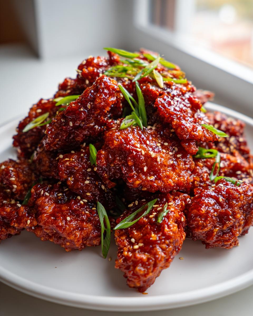 A pile of glossy, deep red Korean fried chicken pieces garnished with sesame seeds and green onions.