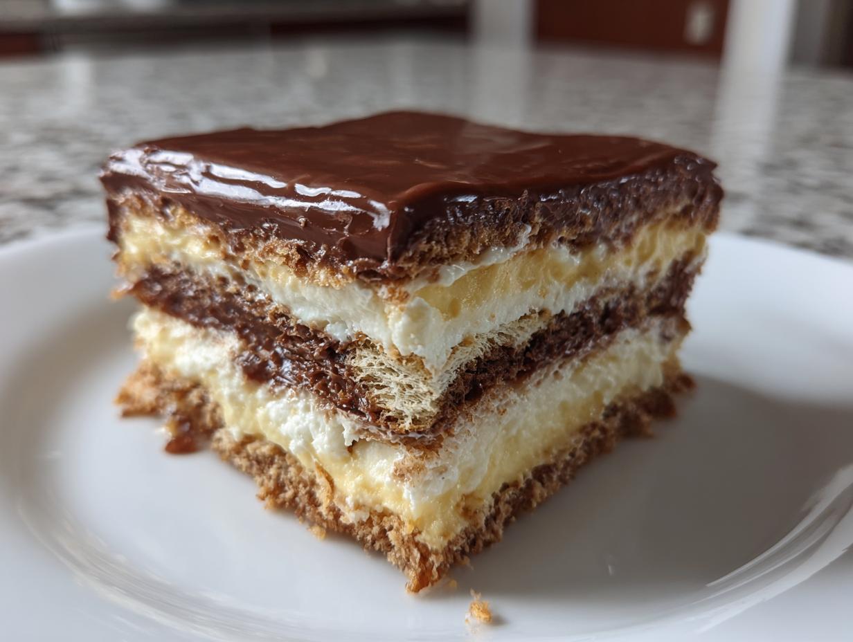 Close-up of a layered slice of eclair cake featuring graham crackers, vanilla pudding, chocolate cream, and chocolate glaze.