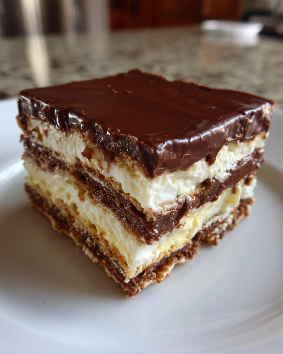 Close-up of a square slice of layered eclair cake with chocolate frosting and cream filling.