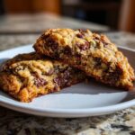 Close-up of a levain bakery chocolate chip cookies cut in half, showing a thick, gooey interior and melted chocolate chunks.