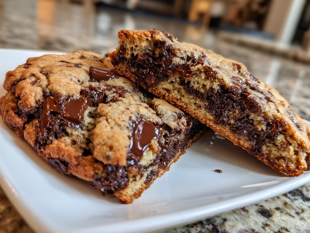 Close-up of a thick levain bakery chocolate chip cookie cut in half showing a gooey, molten chocolate center.