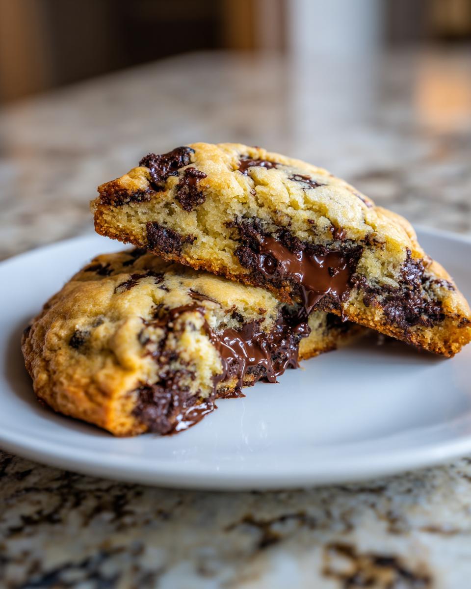 Close-up of levain bakery chocolate chip cookies split open revealing gooey, melted chocolate center.