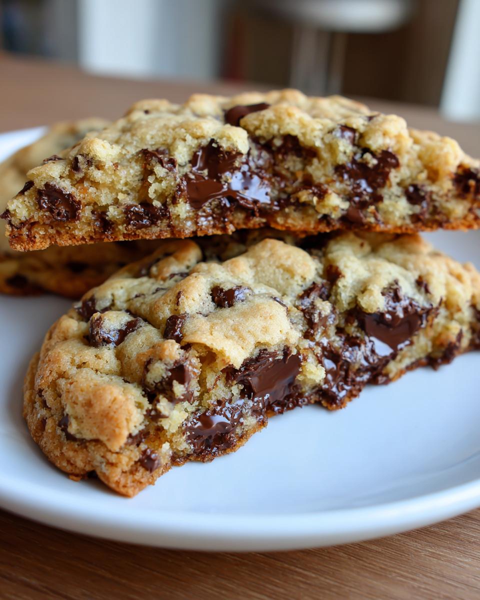 Close-up of a levain bakery chocolate chip cookie cut in half showing melted chocolate chunks.