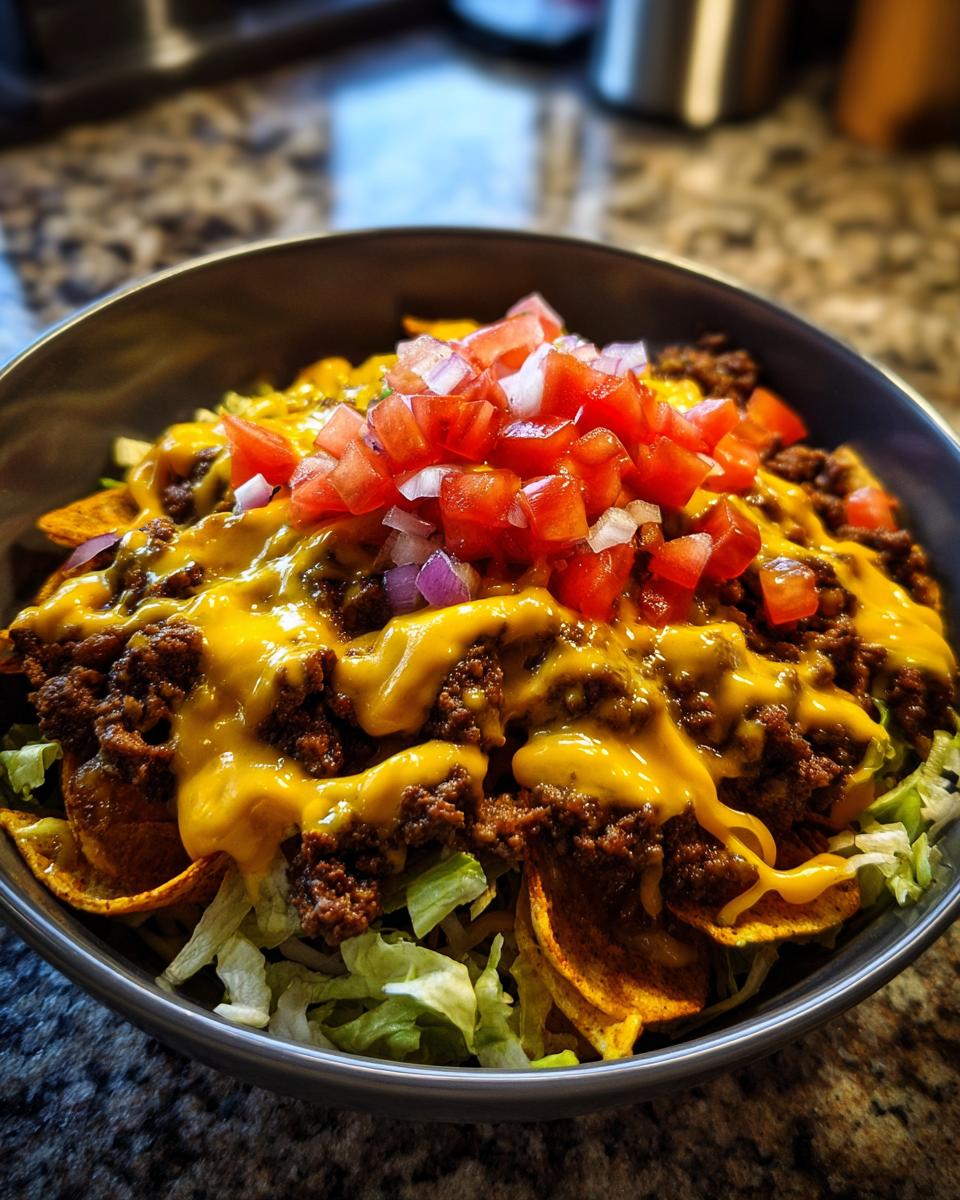 A close-up of a delicious cheeseburger bowl layered with lettuce, chips, seasoned ground beef, melted cheese sauce, tomatoes, and onions.