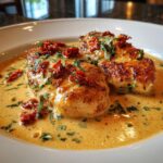 Two golden-brown chicken breasts smothered in a rich, creamy sauce with sun-dried tomatoes and fresh basil, known as Marry Me Chicken.