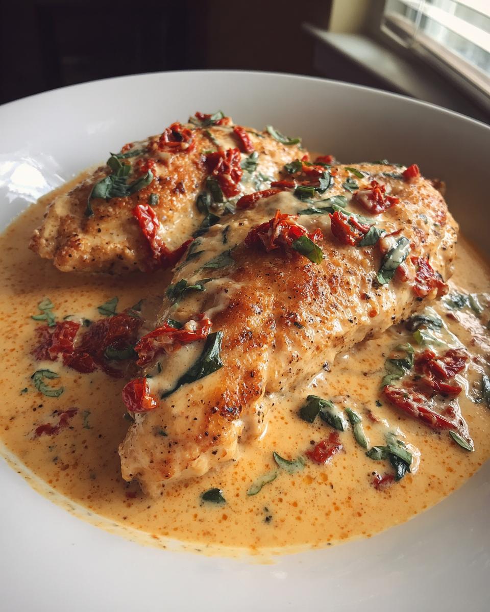 Two golden-brown chicken breasts covered in a rich, creamy sauce with sun-dried tomatoes and basil, part of the Marry Me Chicken recipe.