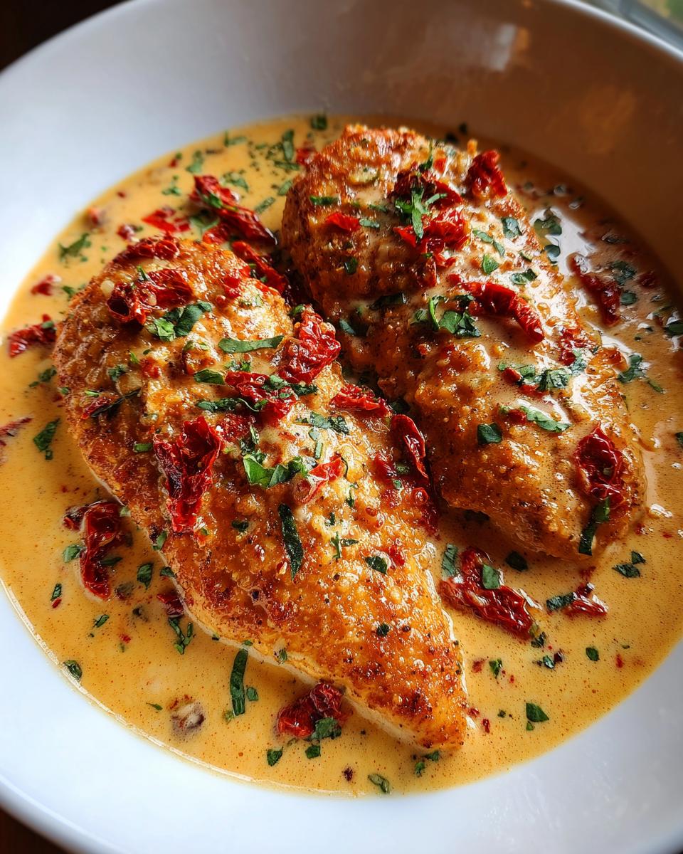 Two golden-brown chicken breasts smothered in a creamy, rich sauce with sun-dried tomatoes and fresh parsley, known as Marry Me Chicken.