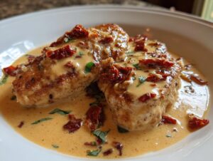 Two pieces of seared chicken breast covered in a creamy sauce with sun-dried tomatoes for Marry Me Chicken.