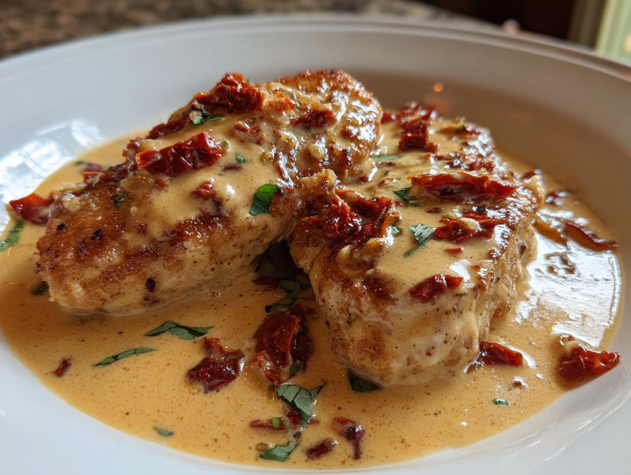 Two pieces of seared chicken breast covered in a creamy sauce with sun-dried tomatoes for Marry Me Chicken.