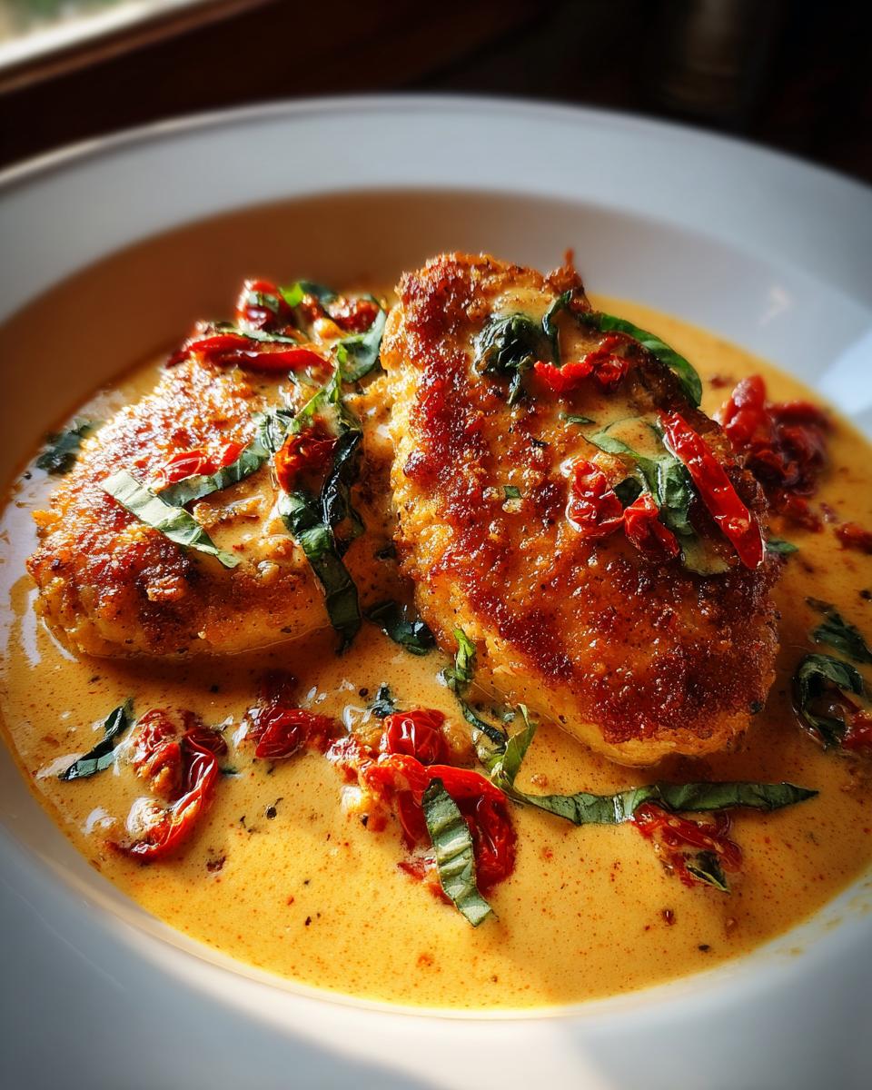 Two golden-brown pieces of Marry Me Chicken smothered in a rich, creamy sauce with sun-dried tomatoes and fresh basil.