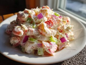 A mound of creamy seafood salad featuring shrimp, imitation crab, celery, and red onion chunks on a white plate.