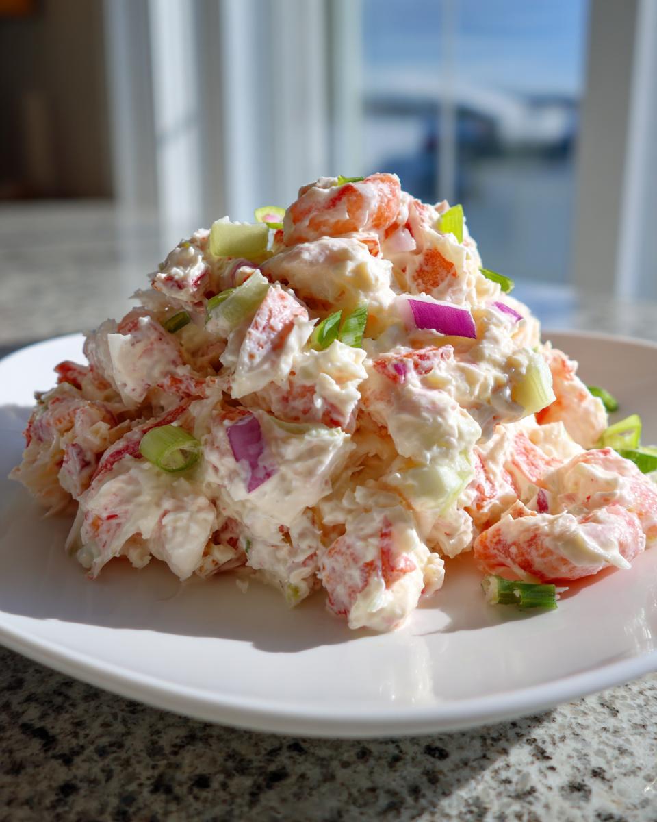 A generous mound of creamy seafood salad mixed with red onion and celery, garnished with green onion slices.