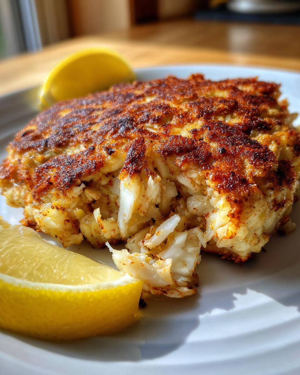 Close-up of a golden-brown, flaky maryland crab cake served with two fresh lemon wedges on a white plate.