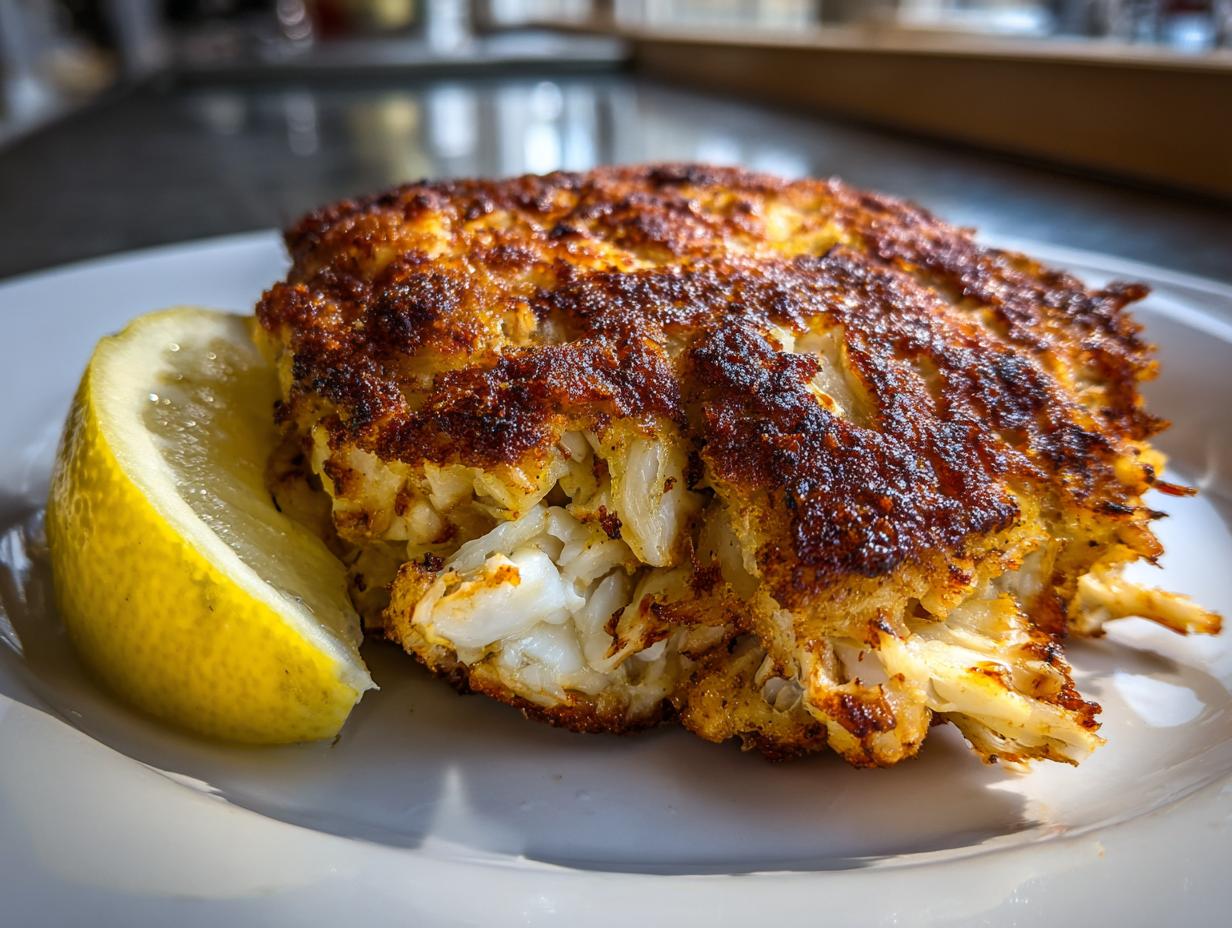 Close-up of a golden-brown, flaky Maryland crab cake served with a fresh lemon wedge on a white plate.