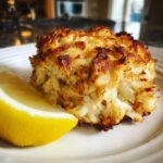 Close-up of a golden brown, flaky Maryland crab cake served on a white plate with a fresh lemon wedge.