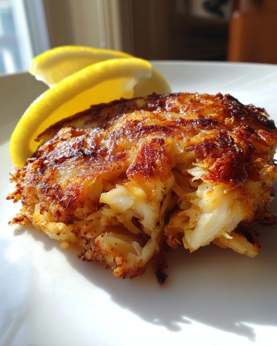 A close-up of a golden-brown, flaky Maryland crab cake served on a white plate with two lemon wedges.
